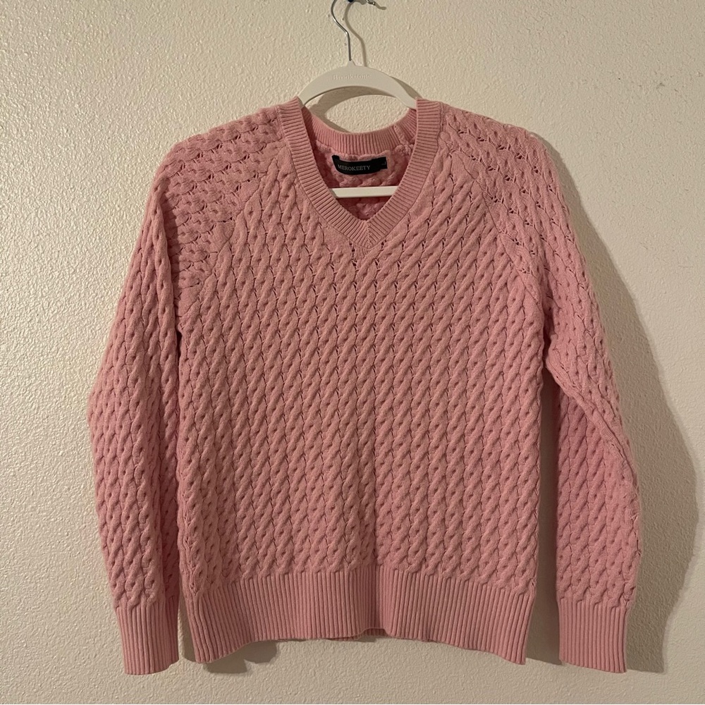 Merokeety Women’s Pink V-Neck Cable Knit Sweater Size Large